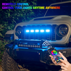 Color-changing Jeep Wrangler grill lights with wireless remote for customization