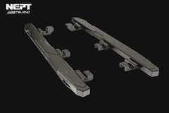 Metallic vehicle roof rack system on a black background with 'NEPT' branding.