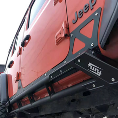 jeep jl side skirt installed on a red jeep wrangler jl view from ground looking up