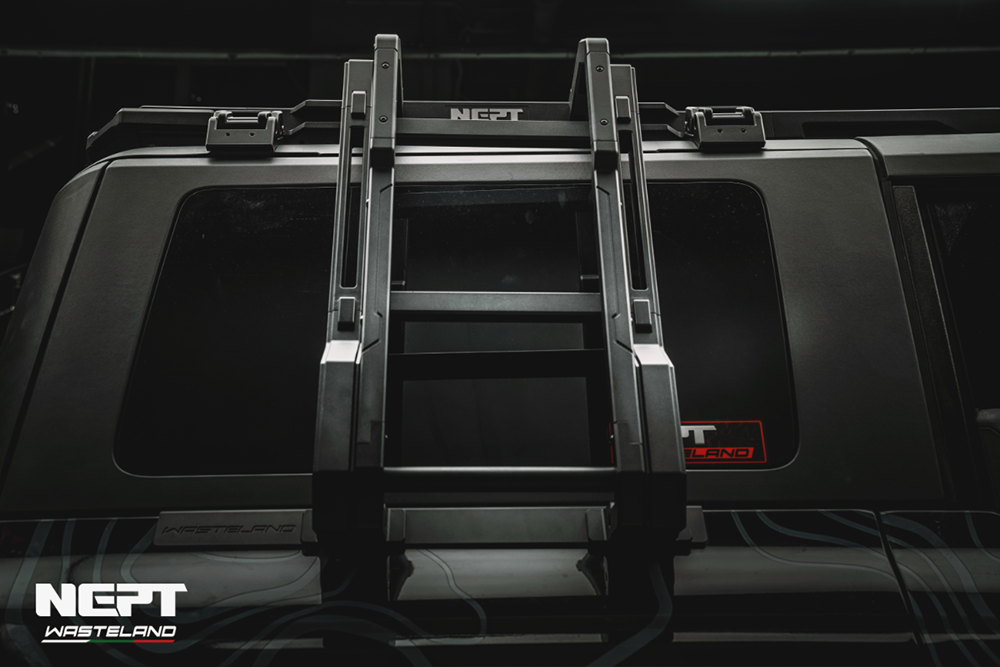 Neft roof rack system on a vehicle with 'Neft Wasteland' branding.