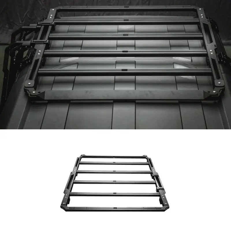 Two views of a black metal ladder-like structure on a dark background.