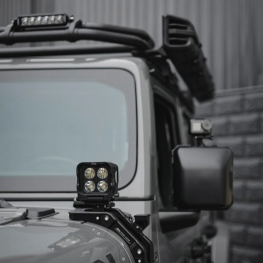 fury gravity a-pillar lights and mount front view installed on a jeep gladiator