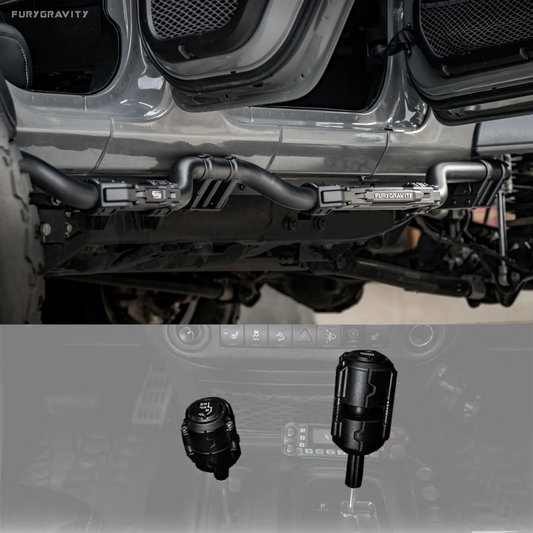 fury gravity step rails and gear shift knobs for jeep wrangler installed side view