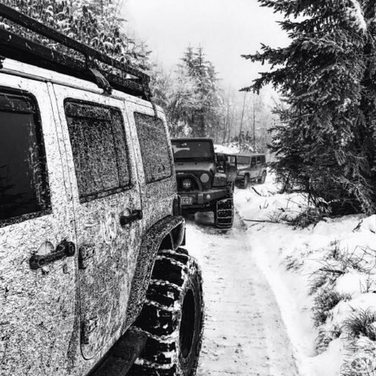 jeep wrangler overlanding accessories and trail driving in the snow