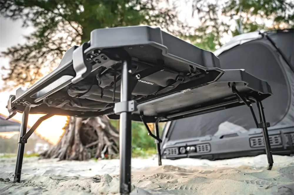 FURY Gravity foldable camping table with storage for easy transport and setup