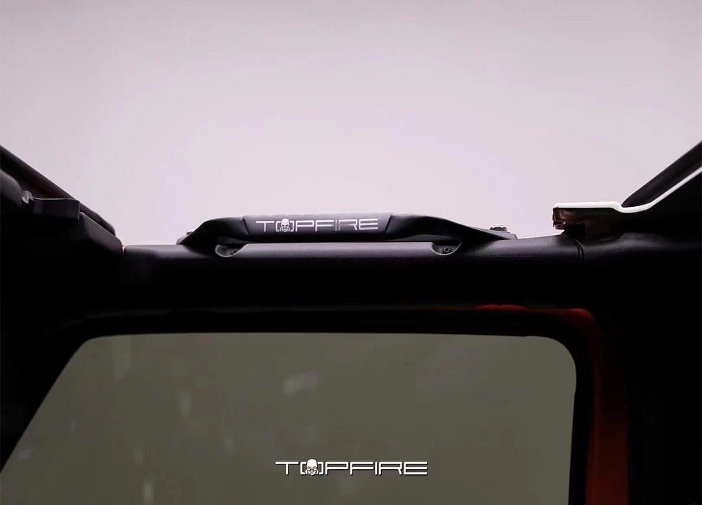 topfire grab handle front view showing logo and silver in color