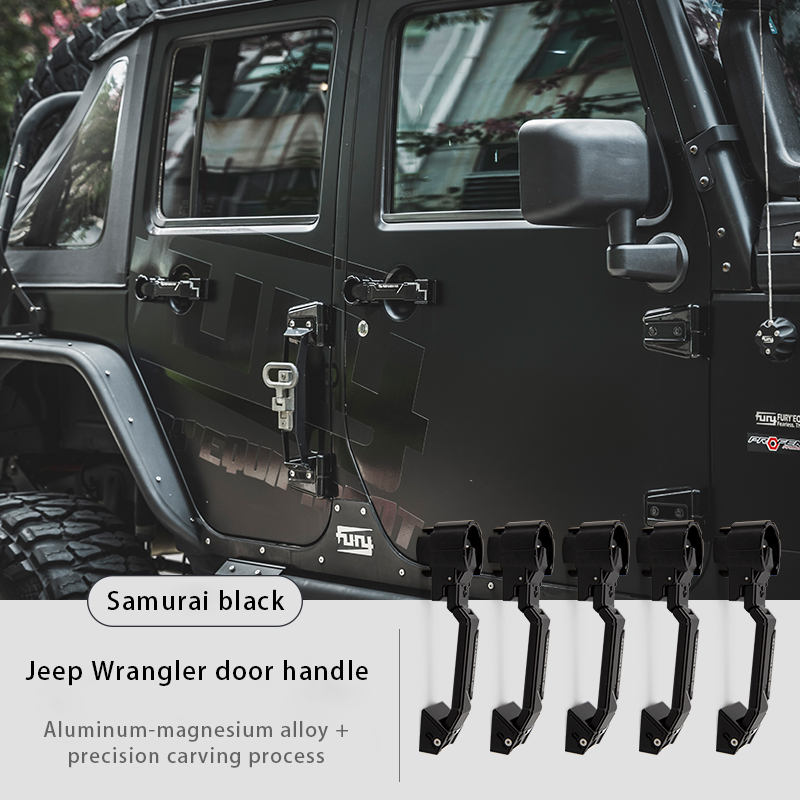 jeep jk door handles showing 5 handles for a 4 door jeep including tailgate all black in color