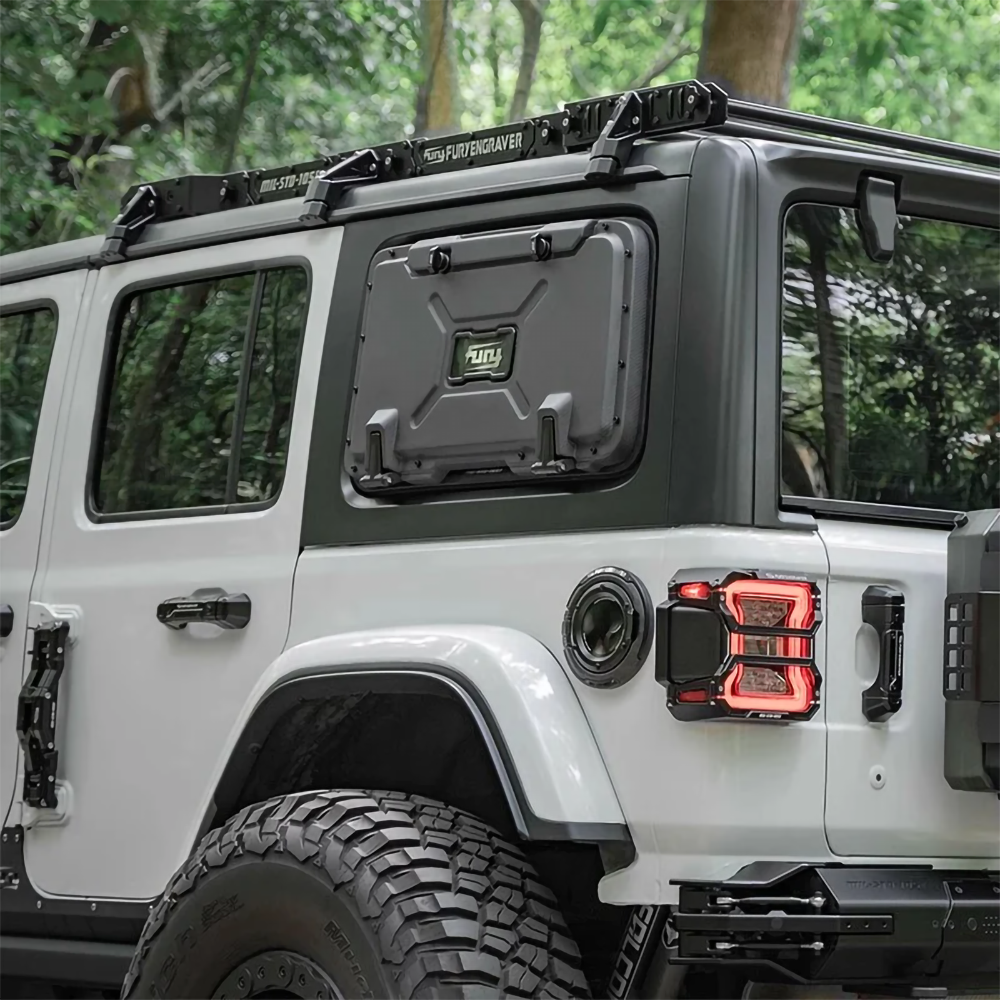 jeep wrangler 4e side window tool box on a white jeep wrangler rubicon black in color