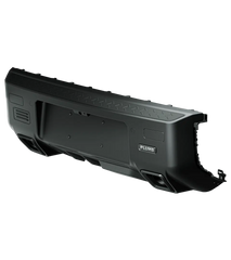 Close-up view of the PLUMB rear bumper installed on a Land Rover Defender, highlighting its rugged design and textured finish.