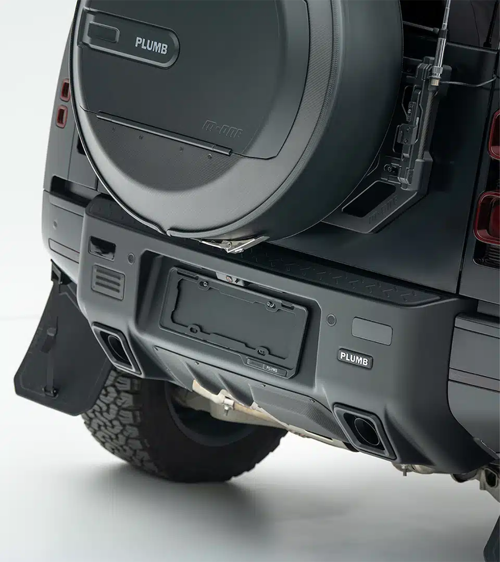 PLUMB Land Rover Defender bumper with matte black finish, built for strength and style.
