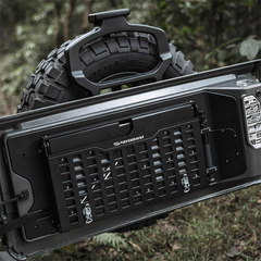 tailgate table jeep jl installed on rear door not open front view black in color