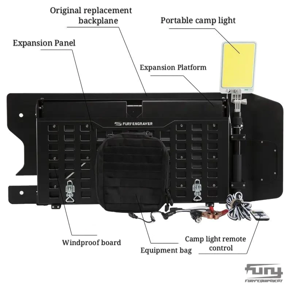 wrangler tailgate table show features of table including molle panel molle bag, light and remote front view ot open